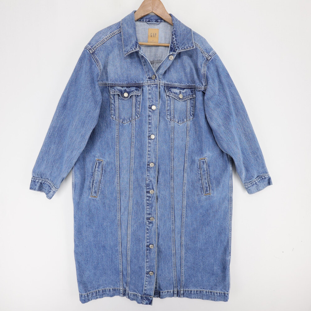 Gap Long Icon Denim Jacket Womens XL Blue Button Front Longline Oversized